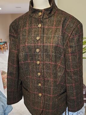 J. Peterman Brown Herringbone Plaid Jacket with Pink Windowpane